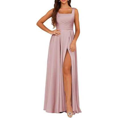 Elegant satin bridesmaid dresses long in blush pink with a side slit and square neckline