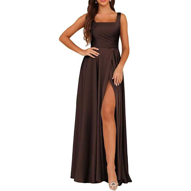 Dark brown satin bridesmaid dresses long with a thigh-high slit and square neckline for elegant occasions