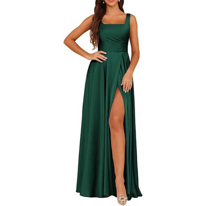 Elegant green satin bridesmaid dresses long with a stylish side slit and square neckline