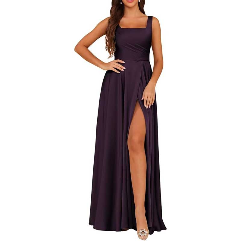 Elegant satin bridesmaid dresses long in purple with a thigh-high slit and square neckline