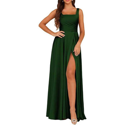 Elegant green satin bridesmaid dresses long with a stylish slit and flattering fit