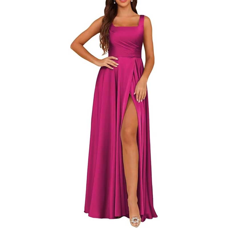 Elegant satin bridesmaid dresses long in a striking fuchsia color with a high slit design