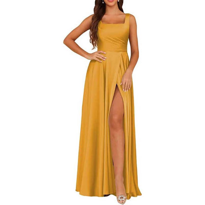 Elegant mustard satin bridesmaid dresses long with a thigh-high slit and square neckline