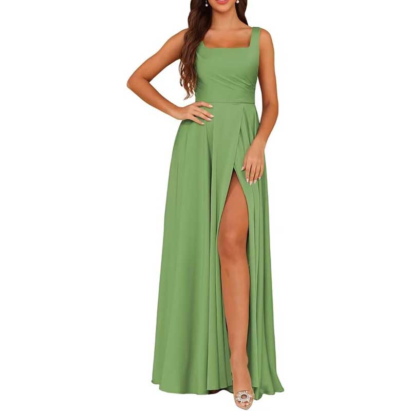 Satin bridesmaid dresses long in green with a stylish slit and square neckline for elegant occasions