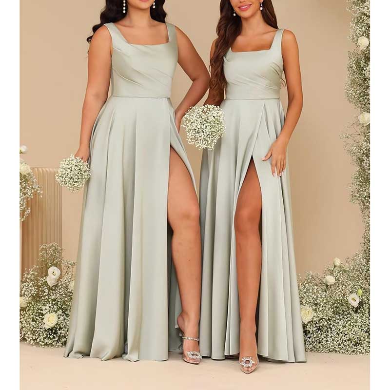 Satin bridesmaid dresses long in soft green with elegant side slits, perfect for weddings or formal events