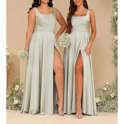Satin bridesmaid dresses long in soft green with elegant side slits, perfect for weddings or formal events
