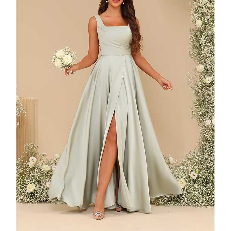 Elegant satin bridesmaid dresses long in light green with a thigh-high slit for a chic look