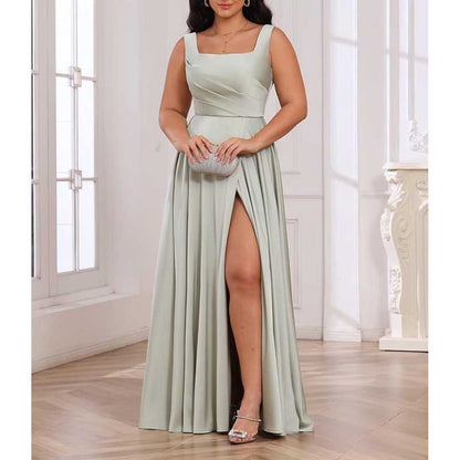 Elegant satin bridesmaid dresses long in light green with a stylish slit and square neckline
