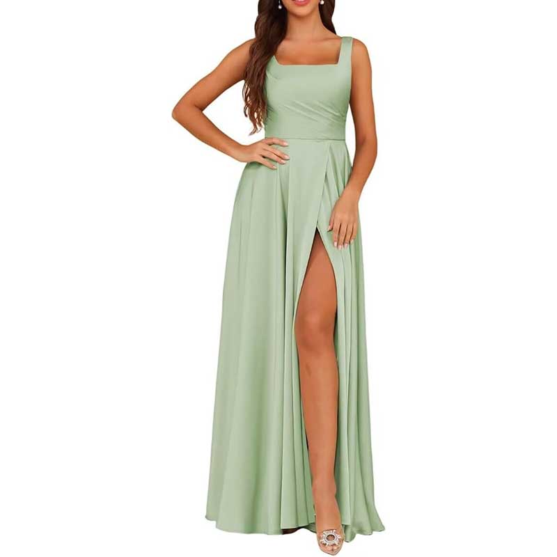Elegant satin bridesmaid dresses long in soft green featuring a stylish slit and square neckline