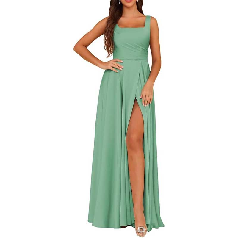Elegant mint green satin bridesmaid dresses long with a high slit and square neckline