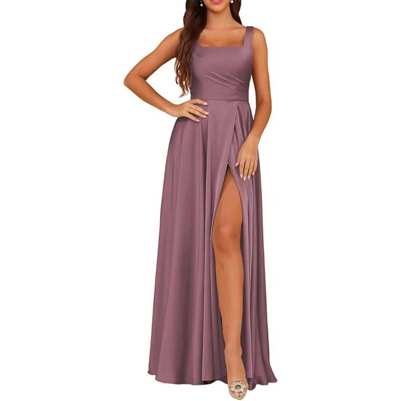 Elegant satin bridesmaid dresses long in mauve with a chic side slit design for special occasions