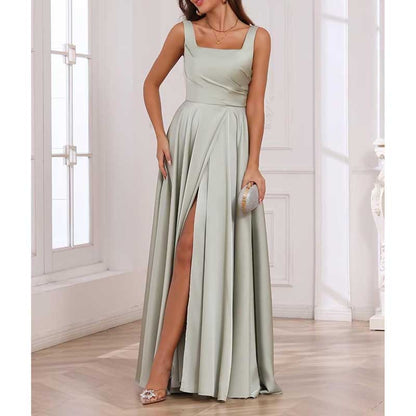 Elegant mint green satin bridesmaid dresses long with a stylish side slit and square neckline