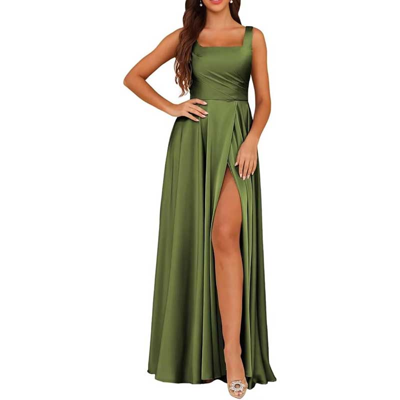 Elegant green satin bridesmaid dresses long with a thigh-high slit and square neckline