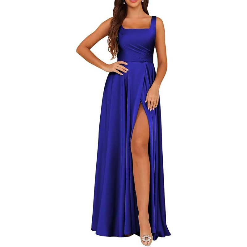 Elegant blue satin bridesmaid dresses long with a side slit and square neckline