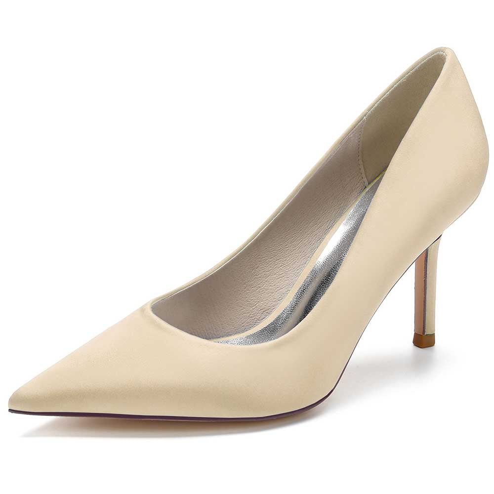 Stylish beige satin dress heels for women with a sleek pointed toe and elegant silhouette