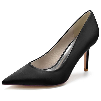 Elegant black satin dress heels for women with a pointed toe and stiletto heel for formal occasions