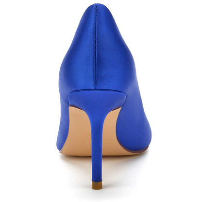 Elegant blue satin dress heels for women with a sleek pointed toe design and high stiletto heel