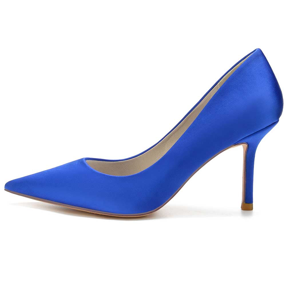 Elegant blue satin dress heels for women with a sleek pointed toe and high stiletto heel