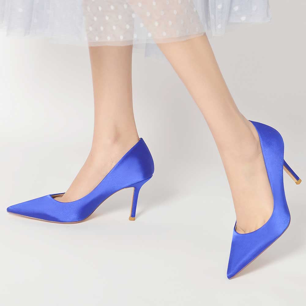 Elegant satin dress heels for women in vibrant blue with a sleek pointed toe design