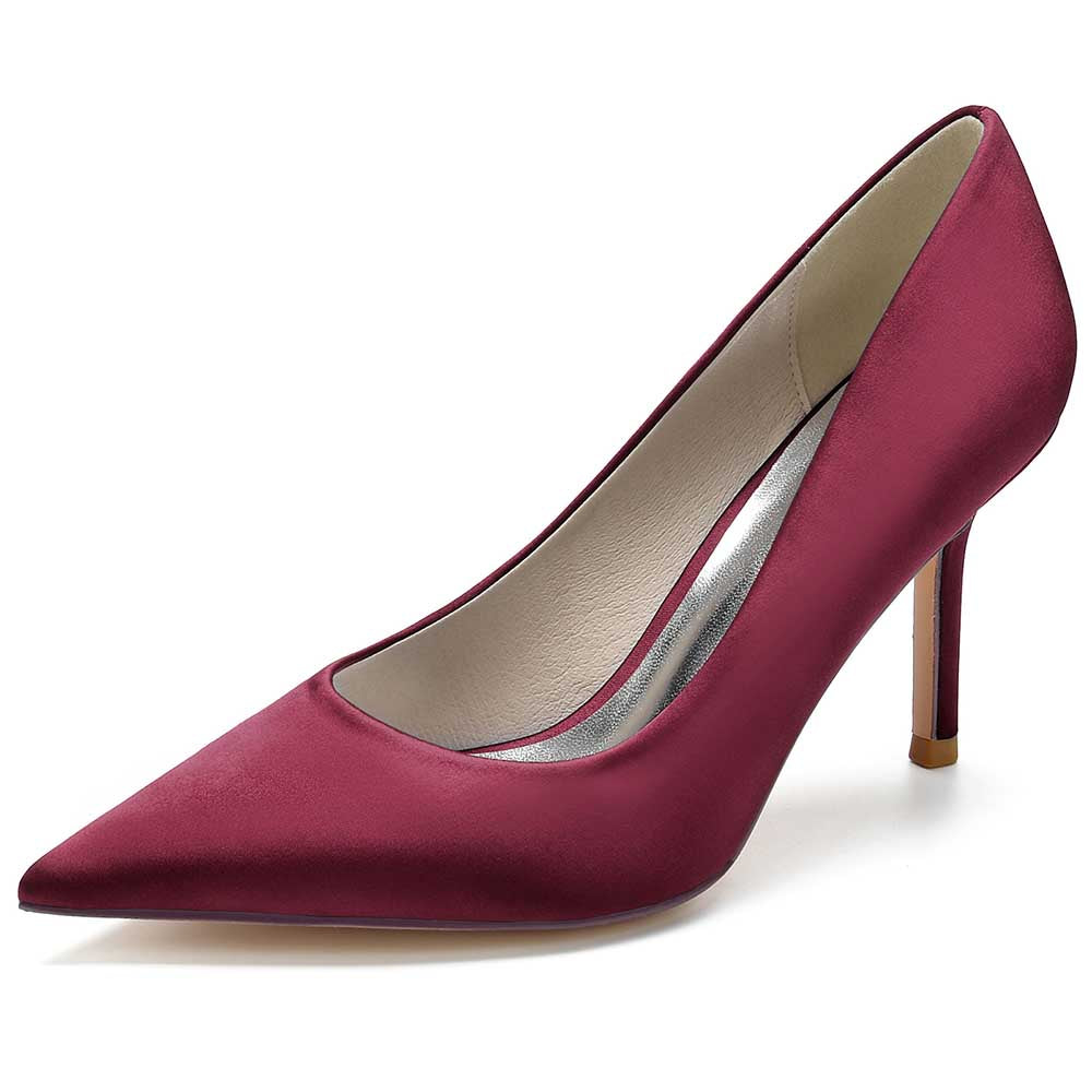 Elegant burgundy satin dress heels for women with a pointed toe and slender stiletto heel
