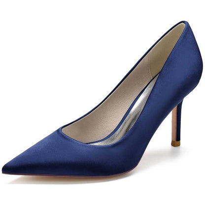 Navy blue satin dress heels for women with a sleek pointed toe and elegant high heel design