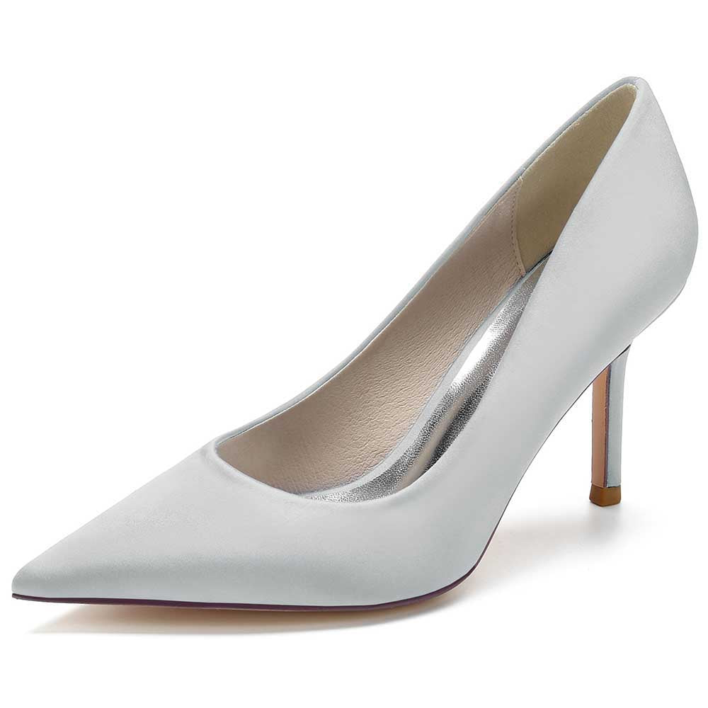 Elegant white satin dress heels for women with a chic pointed toe design and slender stiletto heel