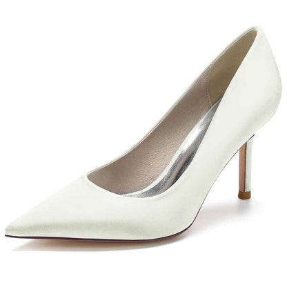 Elegant white satin dress heels for women with a sleek pointed toe and stylish stiletto heel