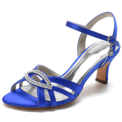 Blue satin dress sandals for women with sparkling rhinestone detail and stylish ankle strap