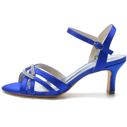 Blue satin dress sandals for women with embellished strap and ankle buckle for elegant occasions