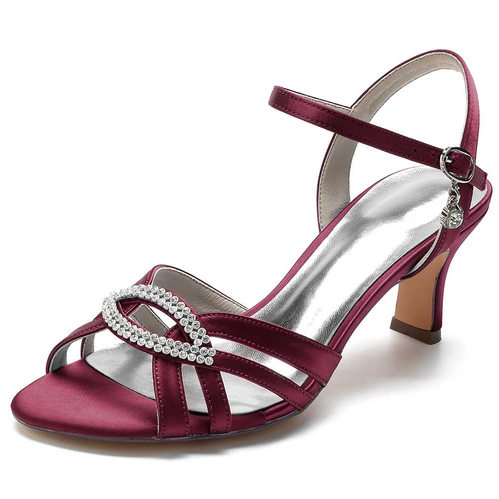 Elegant burgundy satin dress sandals for women with decorative crystal straps and a stylish heel