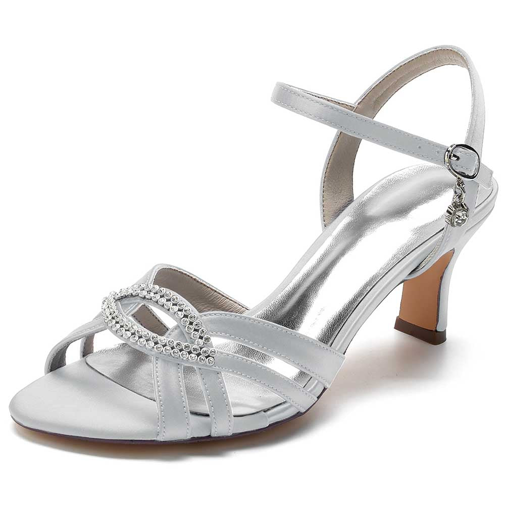 Elegant silver satin dress sandals for women featuring a sparkling rhinestone detail