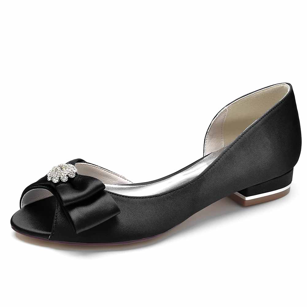 Elegant open toe satin formal flats by featuring a decorative bow and gem detail for wedding occasions.