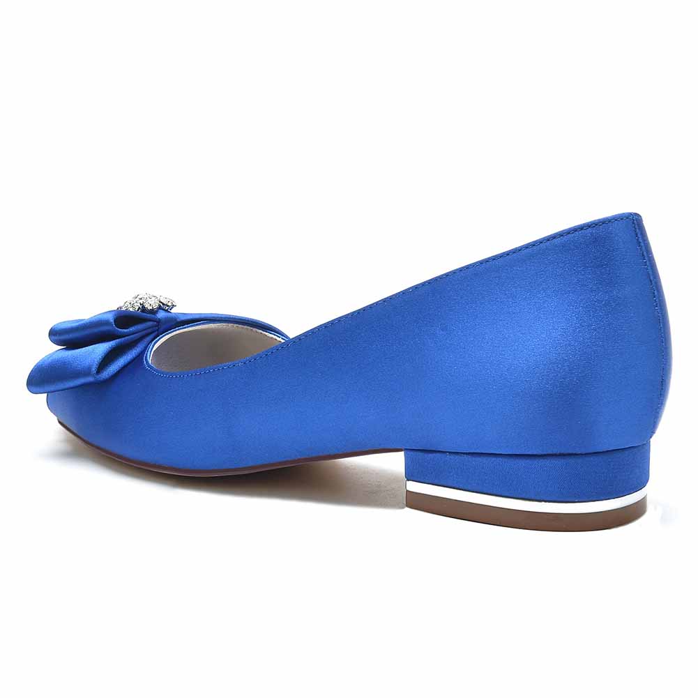 Elegant blue open toe satin formal flats with a decorative bow for special occasions