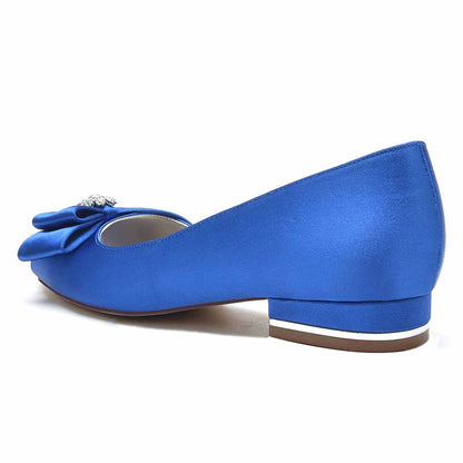 Elegant blue open toe satin formal flats with a decorative bow for special occasions