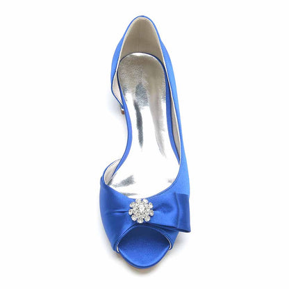 Stunning blue open toe satin formal flats with a decorative embellishment for weddings