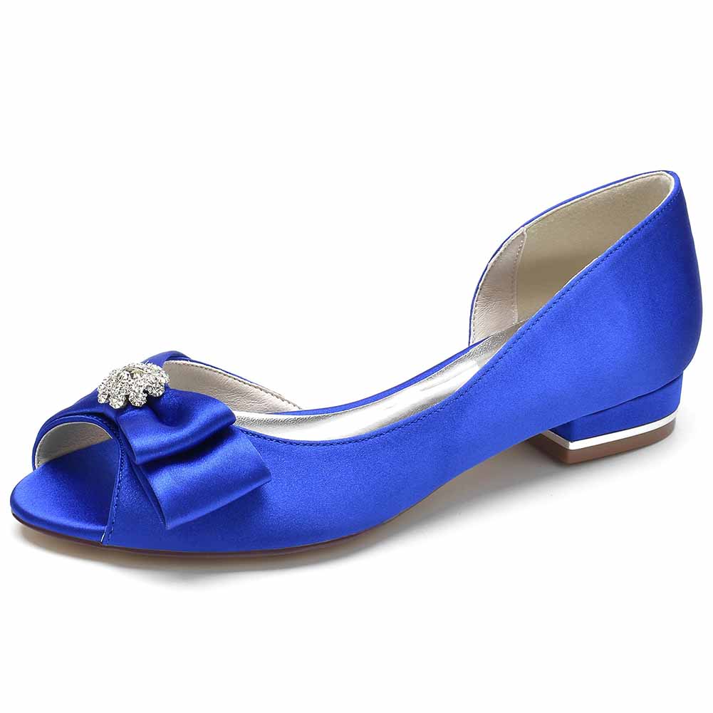 Blue open toe satin formal flats with elegant bow and crystal embellishment for weddings