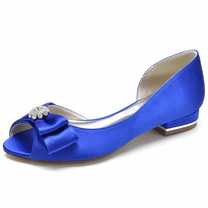 Blue open toe satin formal flats with elegant bow and crystal embellishment for weddings