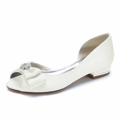 Elegant open toe satin formal flats with a bow and embellishment, perfect for weddings