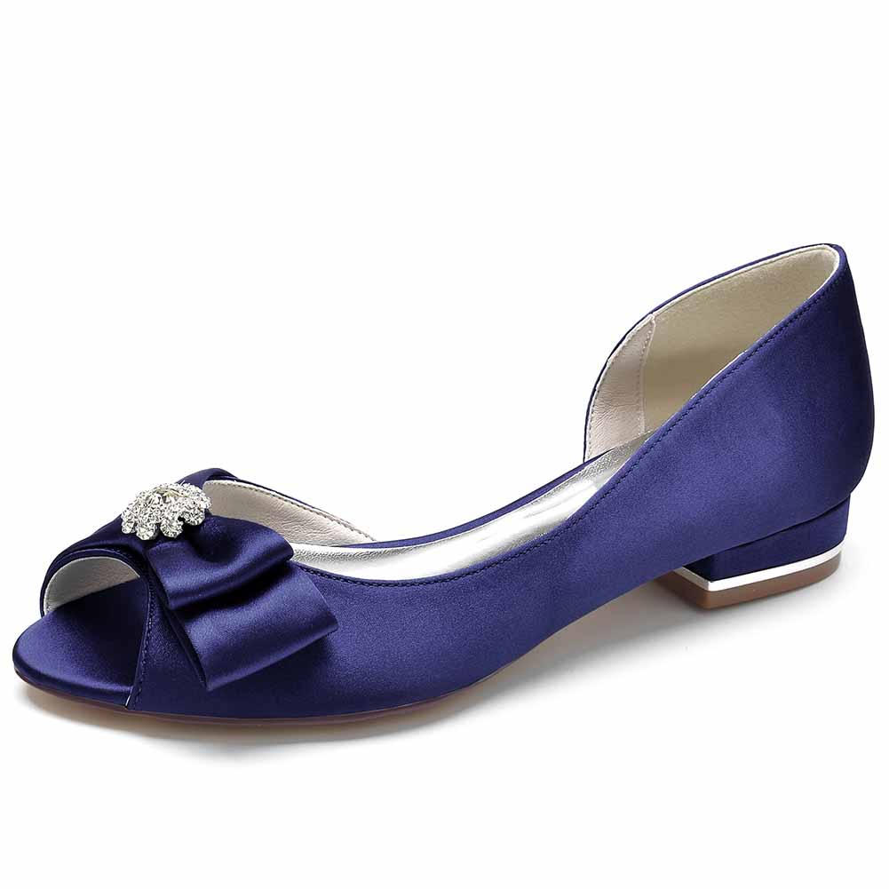 Open Toe Satin Formal Flats in Navy Blue with Decorative Bow for Elegant Weddings
