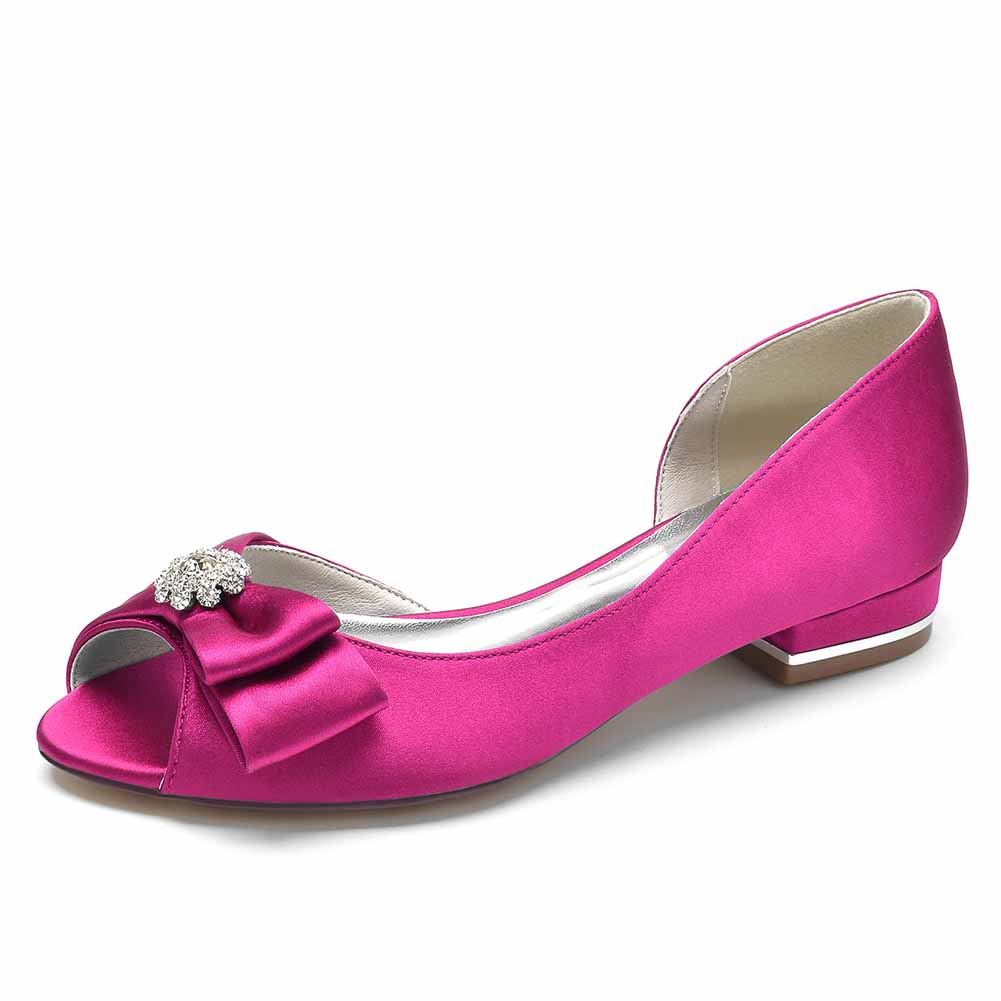 Pink open toe satin formal flats with bow and rhinestone detail for elegant wedding attire