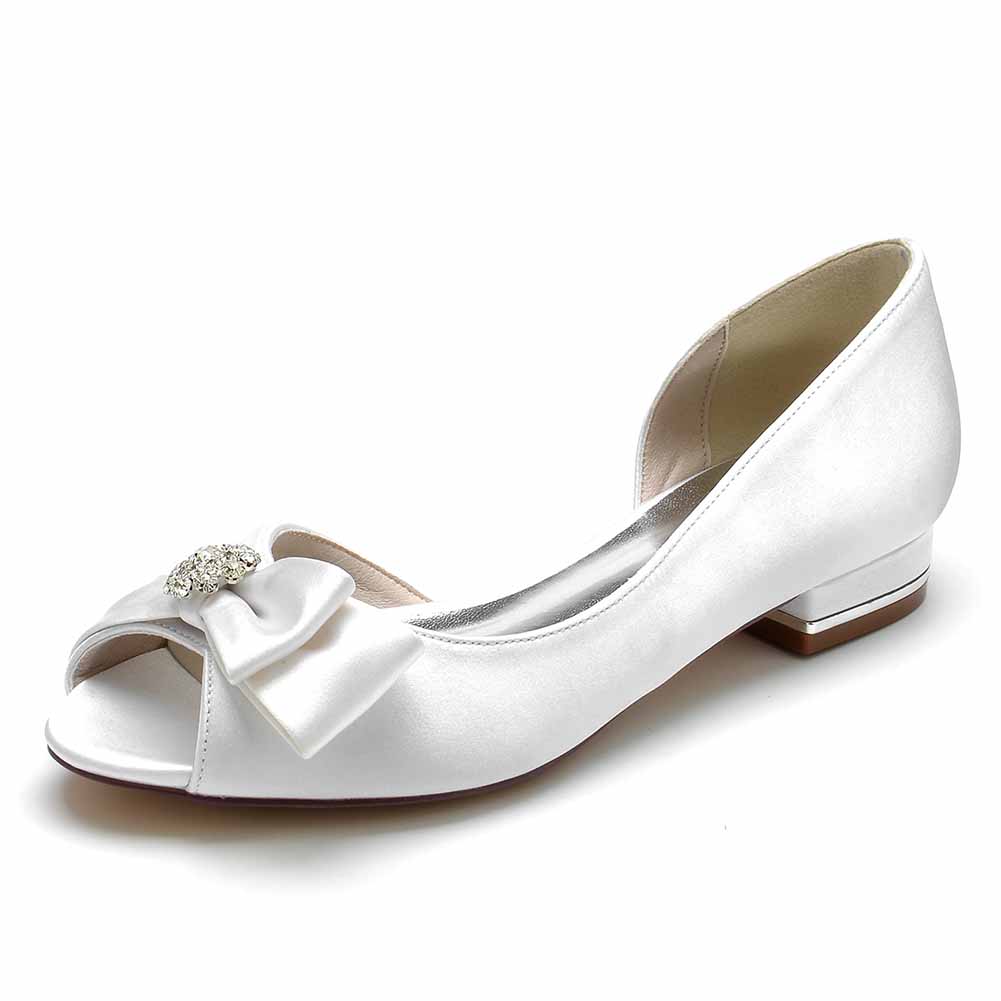 Elegant open toe satin formal flats with a decorative bow and a low heel for wedding occasions