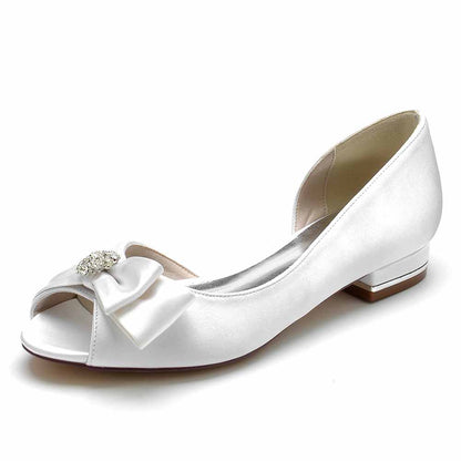 Elegant open toe satin formal flats with a decorative bow and a low heel for wedding occasions