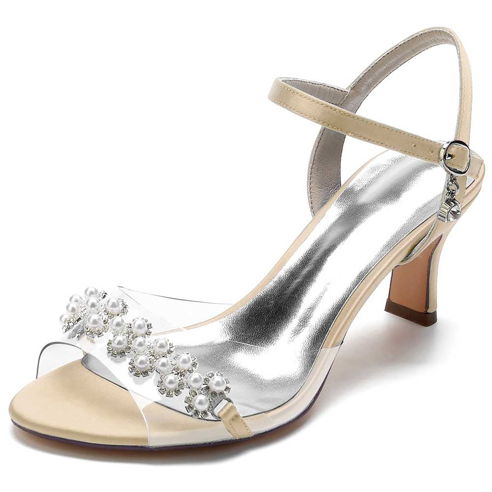 Elegant satin heeled sandals with pearls featuring a transparent strap and ankle buckle for a chic look