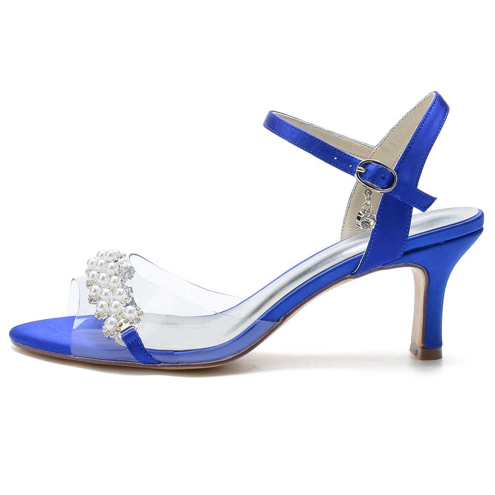 Stylish satin heeled sandals with pearls in blue featuring a clear strap and ankle buckle for elegance