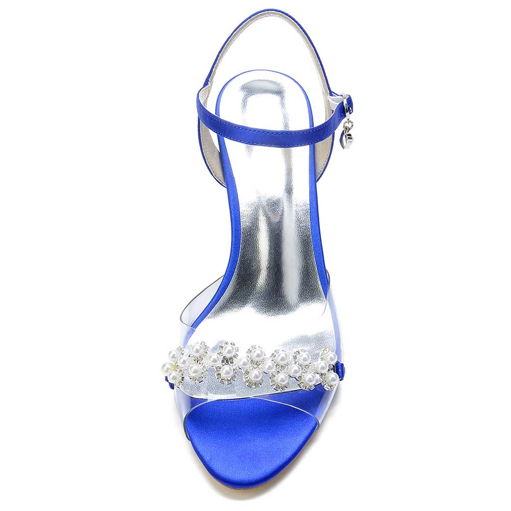 Elegant blue satin heeled sandals with pearls for a stylish evening look
