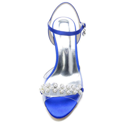 Elegant blue satin heeled sandals with pearls for a stylish evening look
