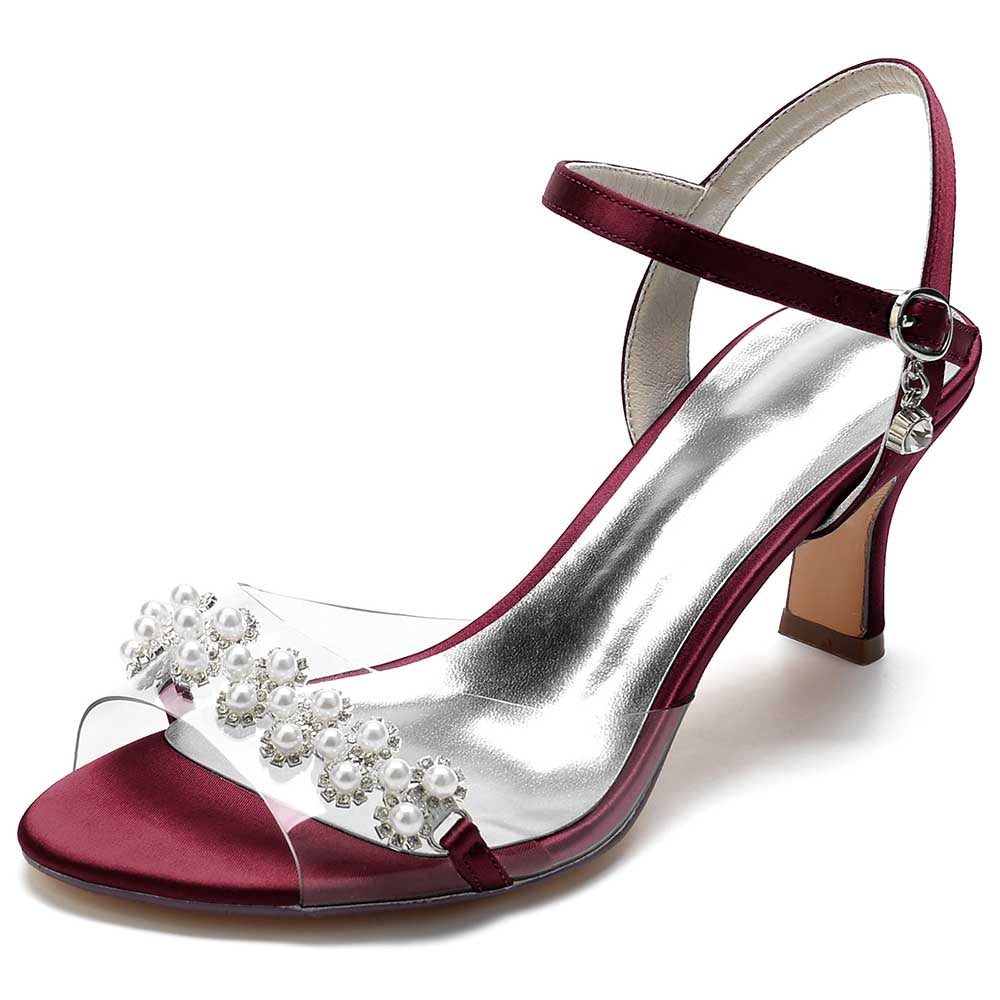 Elegant burgundy satin heeled sandals with pearls and clear straps for a chic look