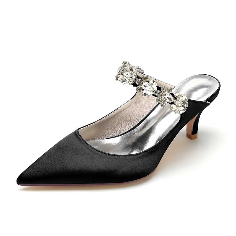 Elegant satin high heel mule shoes with jeweled strap for stylish evening wear