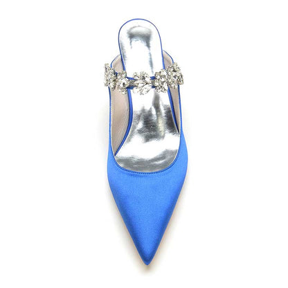 Elegant blue satin high heel mule shoes with jeweled embellishments for stylish occasions