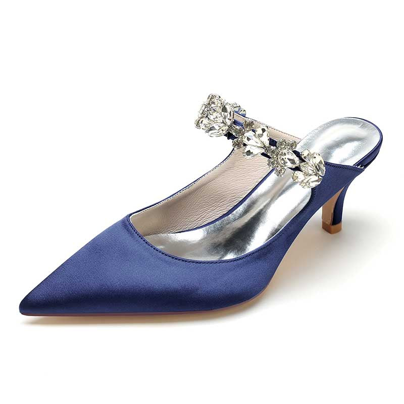 Elegant blue satin high heel mule shoes with crystal embellishments for sophisticated outfits